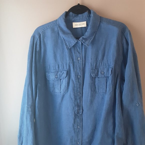 Jones New York Blue 100% Linen Button Up Collared Shirt - Picture 3 of 10